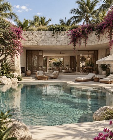 Stone pool with bougainvillea