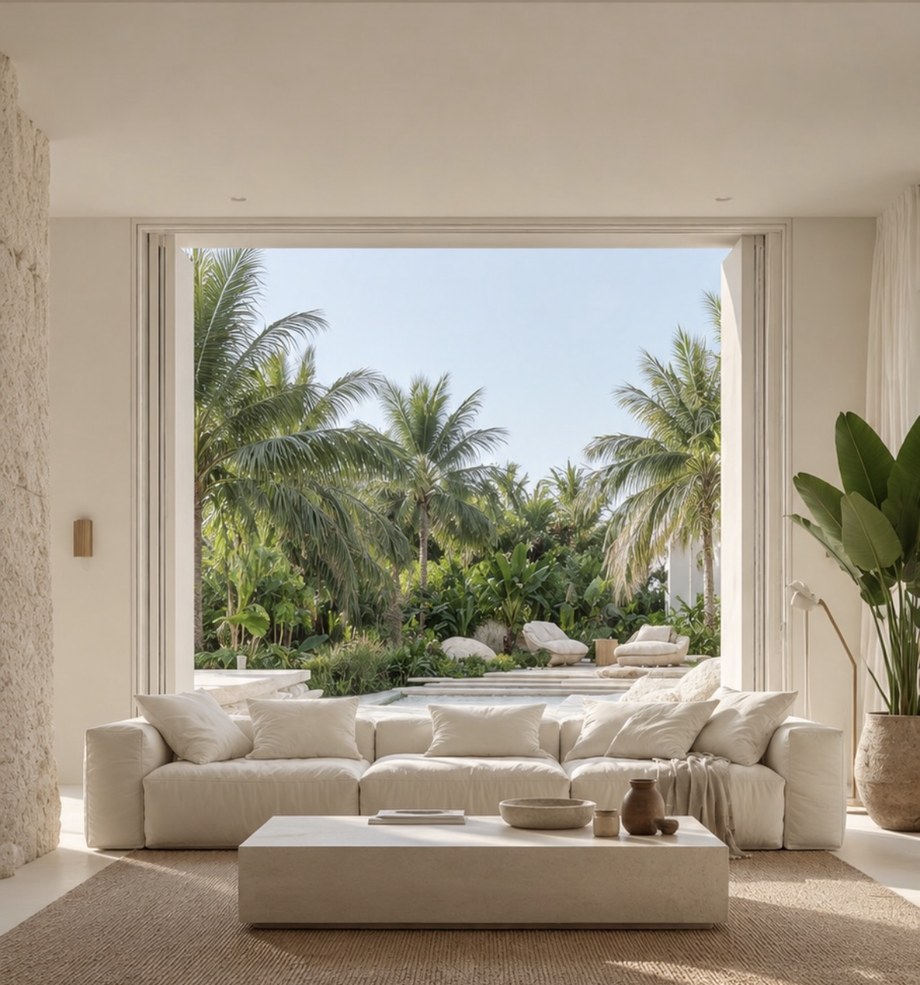 Living room opening onto a tropical garden