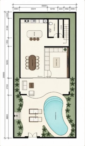 Dimensioned 2D floor plan with pool