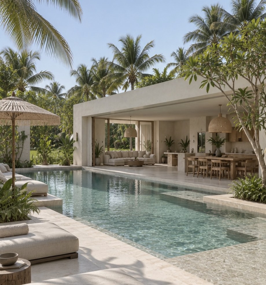 Tropical villa with pool and open living pavilion